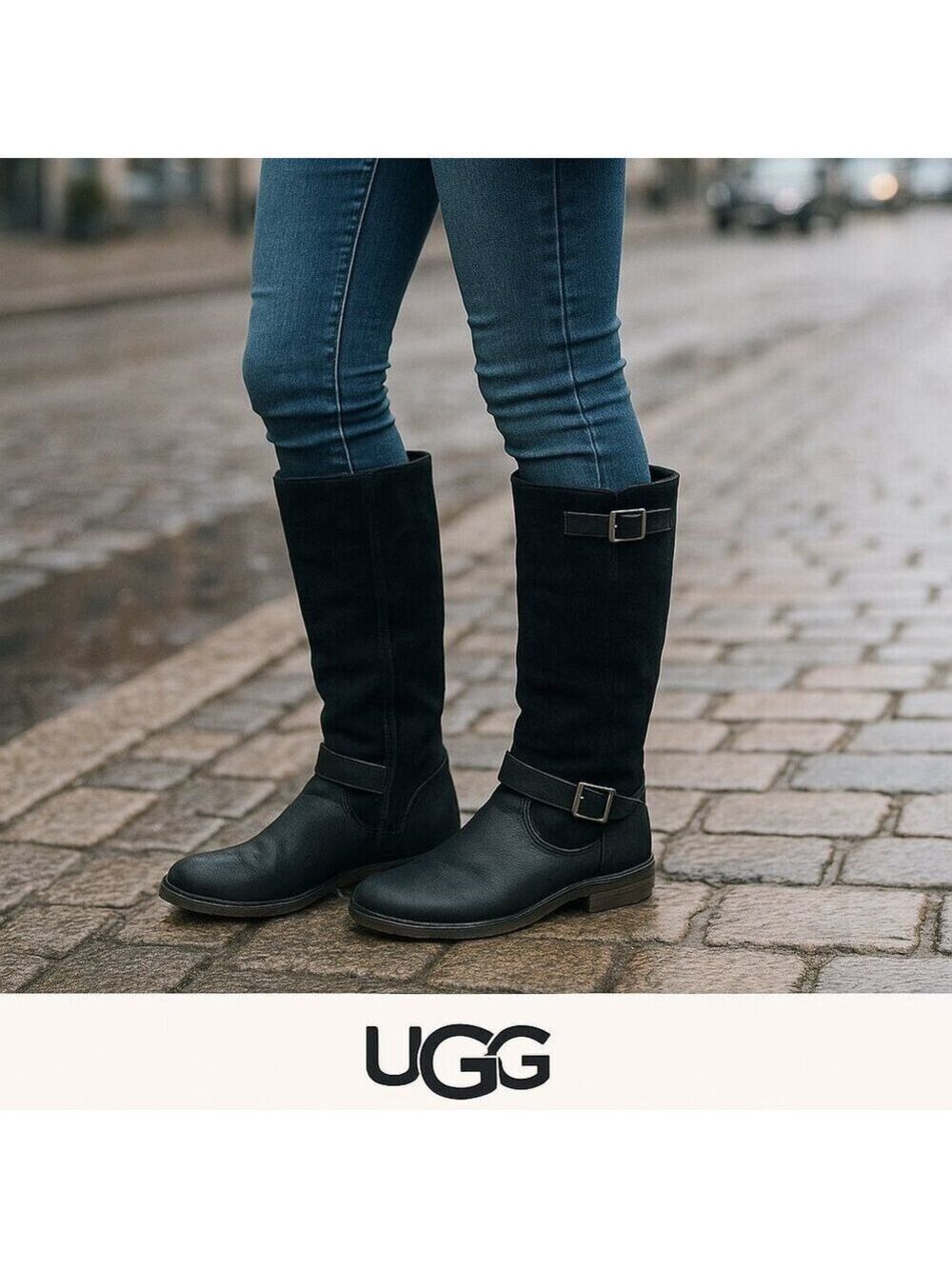 UGG Black Suede & Leather Tall Moto Buckle Boots | Size 7